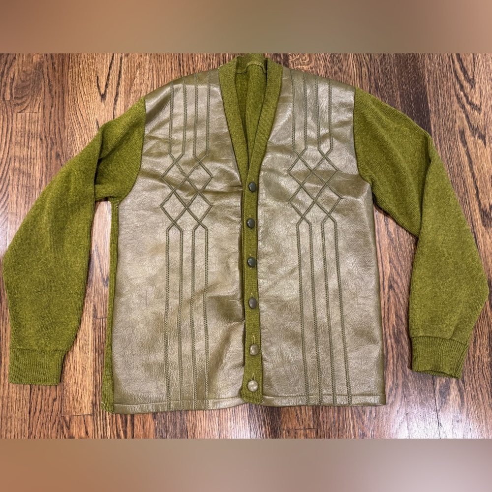 VTG 60’s Green Wool & Leather Cardigan Sweater Medium EUC See Measurements Flaws
